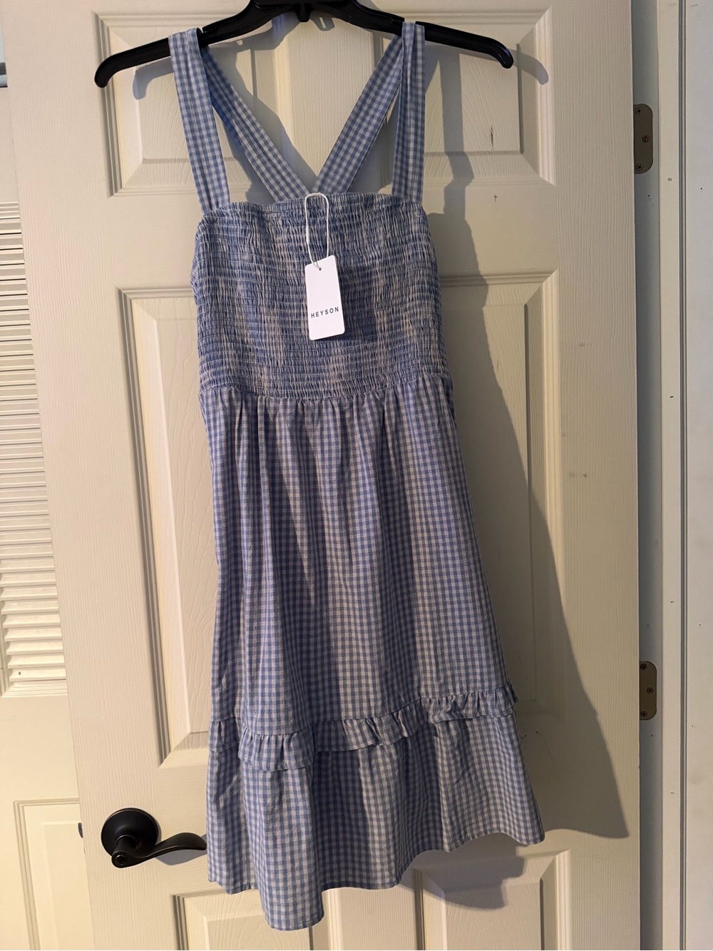 Smocked Gingham Midi Dress in Light Blue